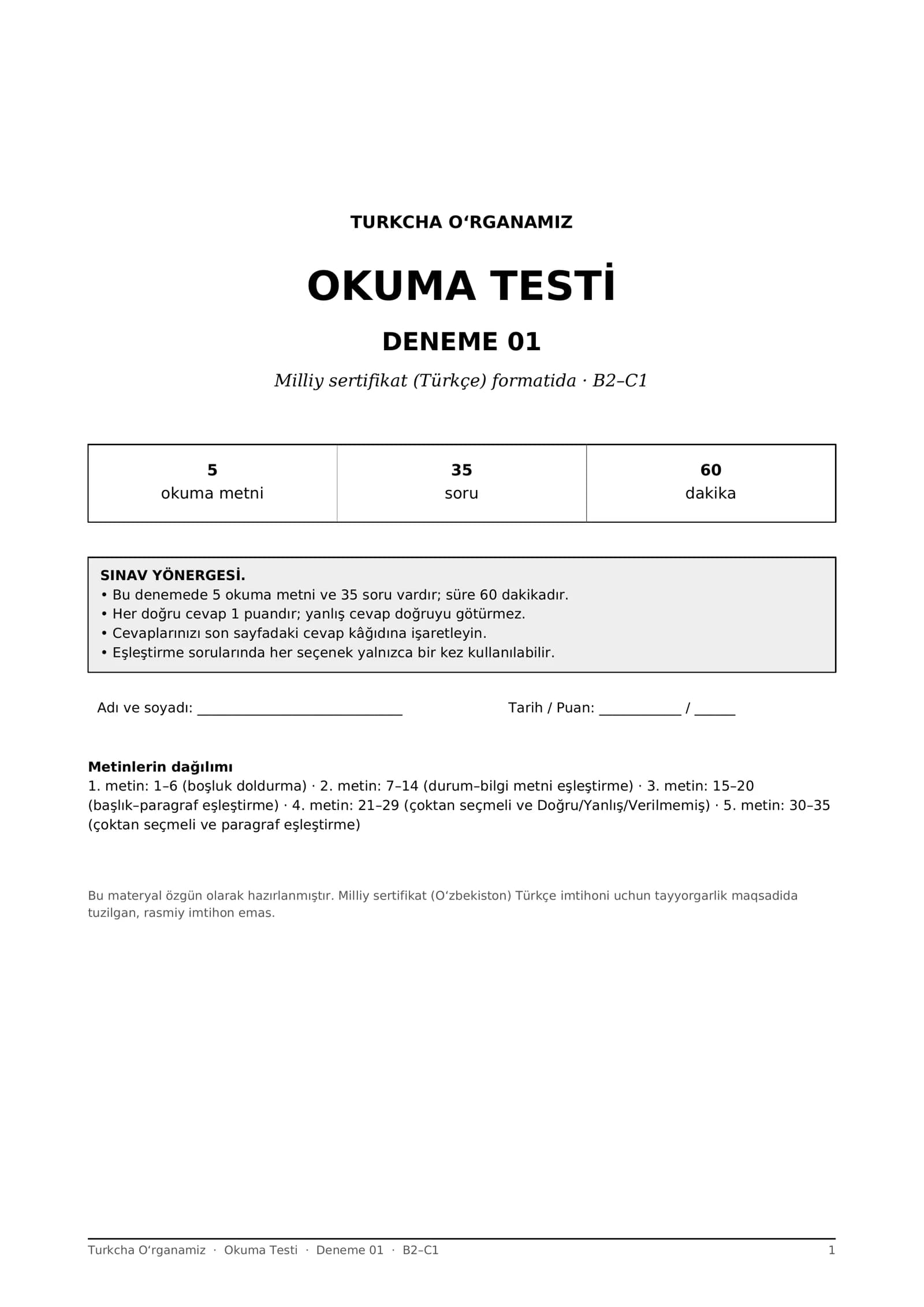 Turk tili Okuma testlari 01-05 deneme B2-C1 (Milliy sertifikat formati, javoblar bilan)