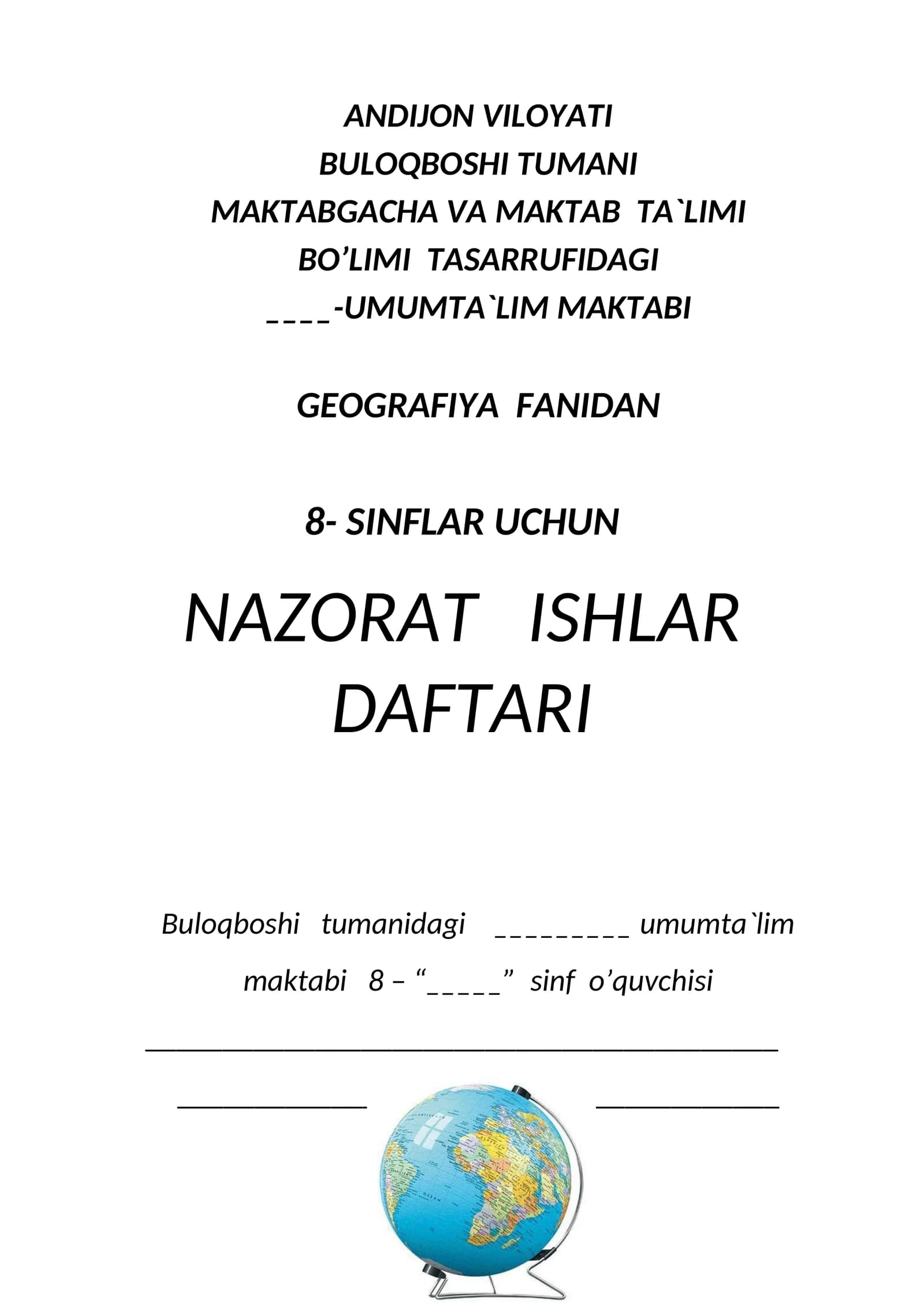 8-sinf geografiyasi nazorat ishi daftar