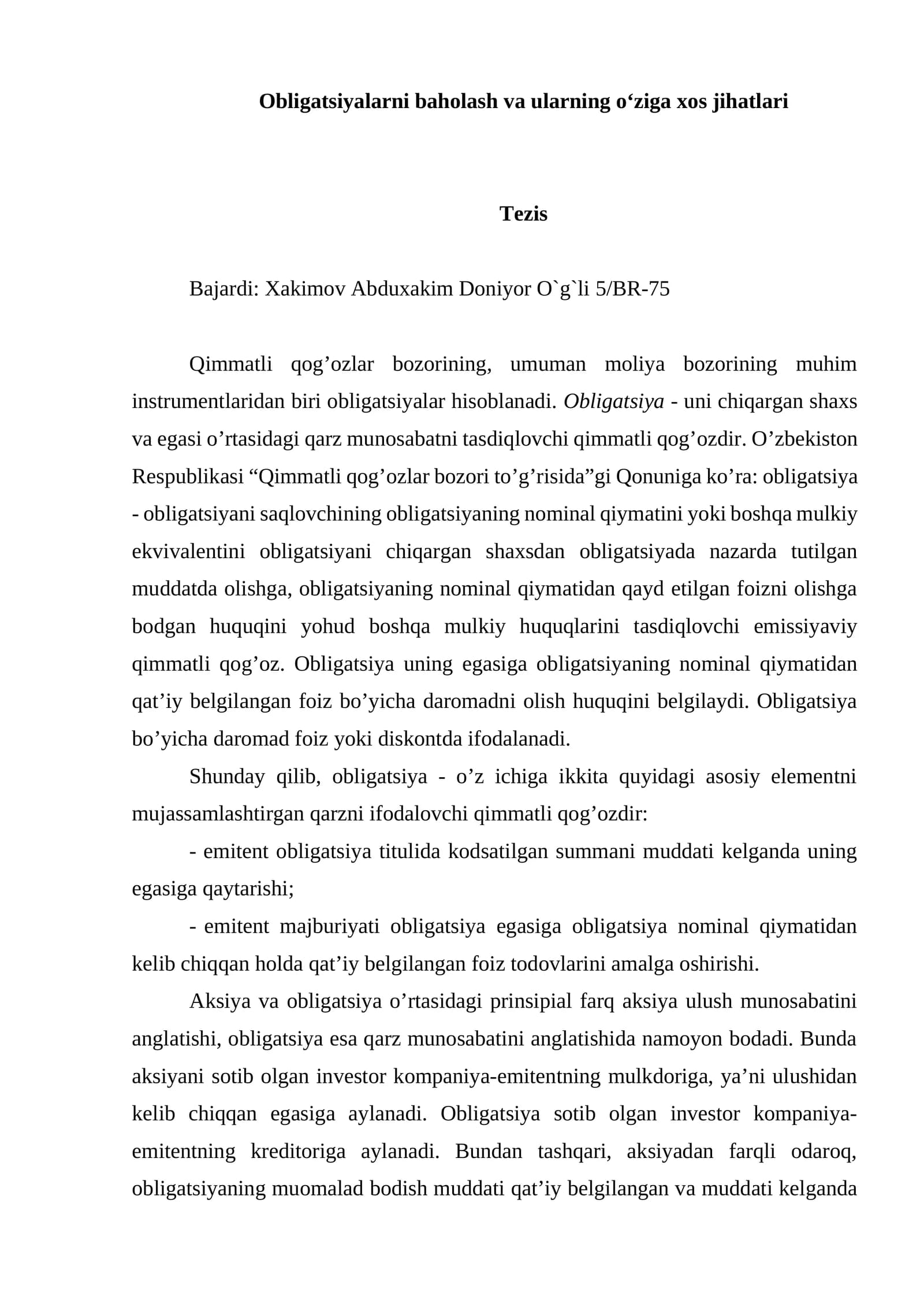 Obligatsiyalarni baholash