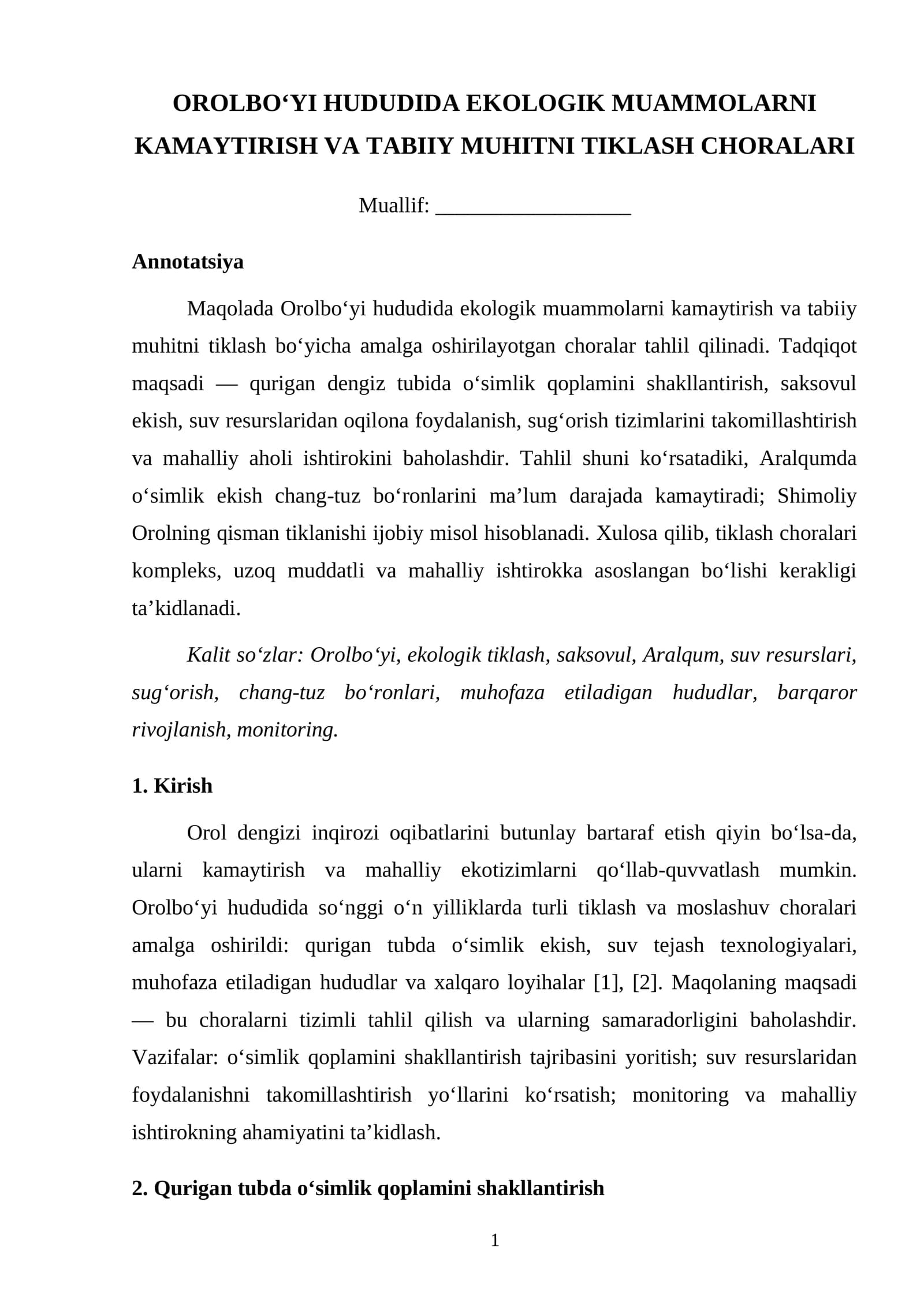OROLBO‘YI HUDUDIDA EKOLOGIK MUAMMOLARNI KAMAYTIRISH VA TABIIY MUHITNI TIKLASH CHORALARI