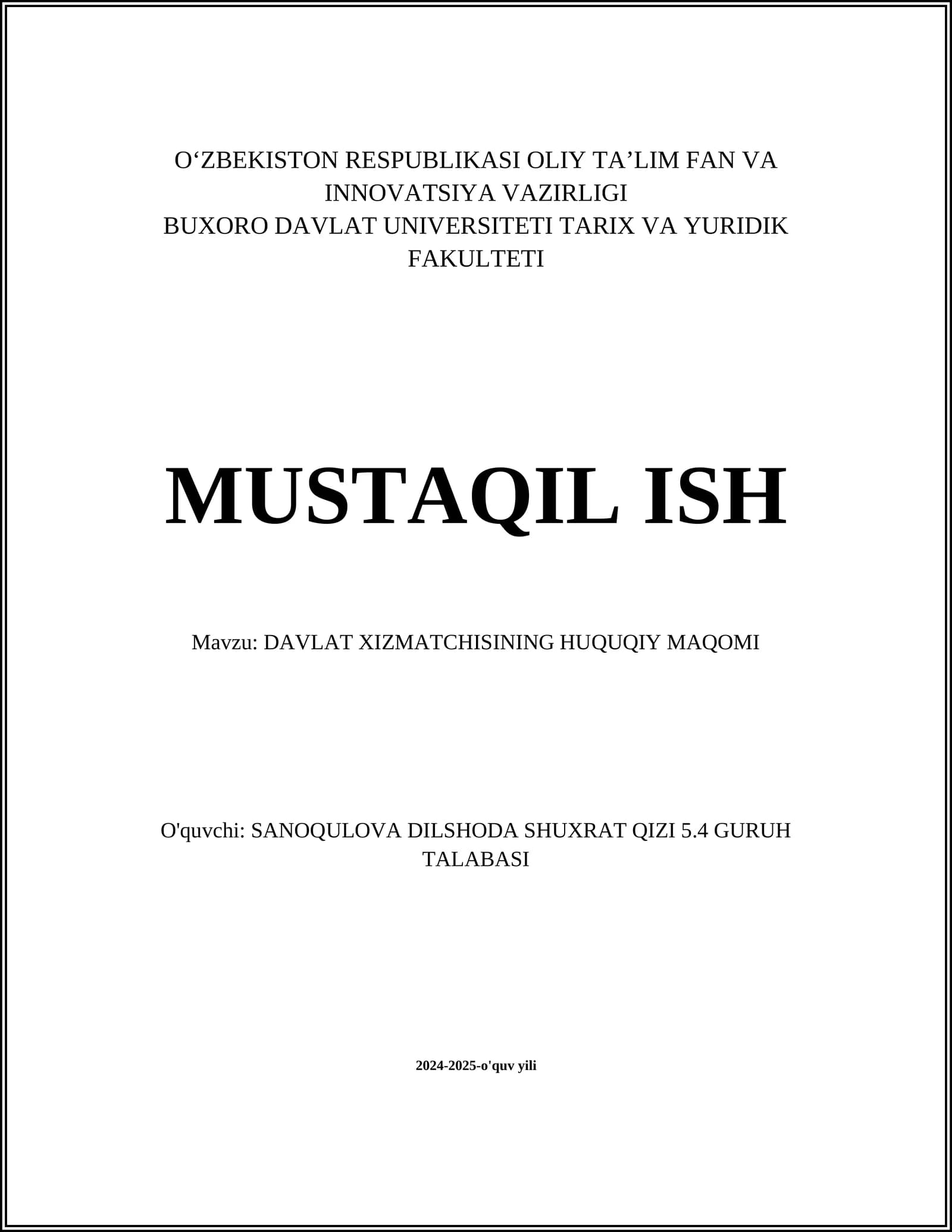 DAVLAT XIZMATCHISINING HUQUQIY MAQOMI